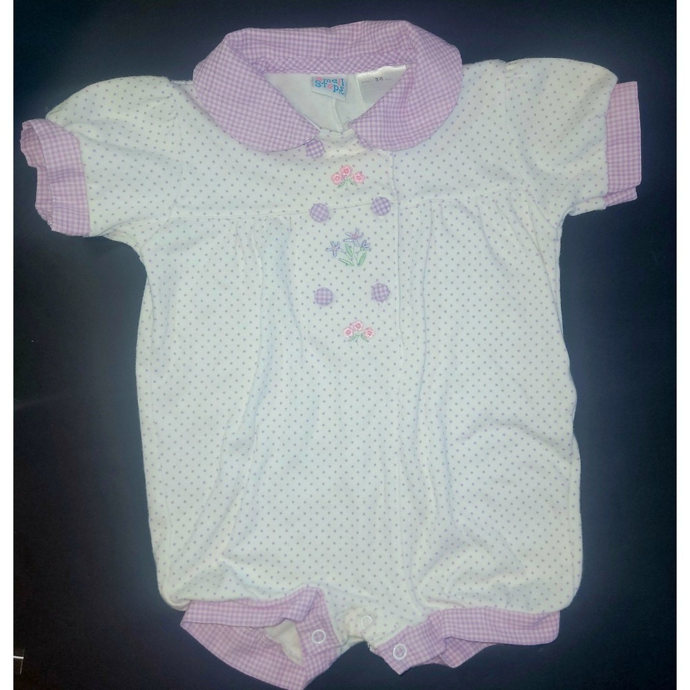 Small Steps Romper 3-6 Months Purple Gingham Polka Dot Girl Outfit vintage y2k